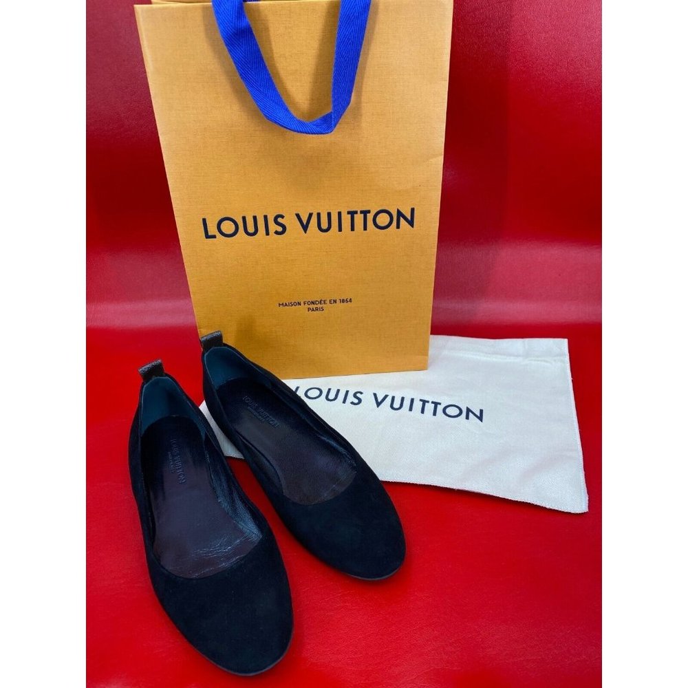 Louis Vuitton Uniformes Uniform Black Suede Logo Tabs Ballet Flats 39 1/2 M